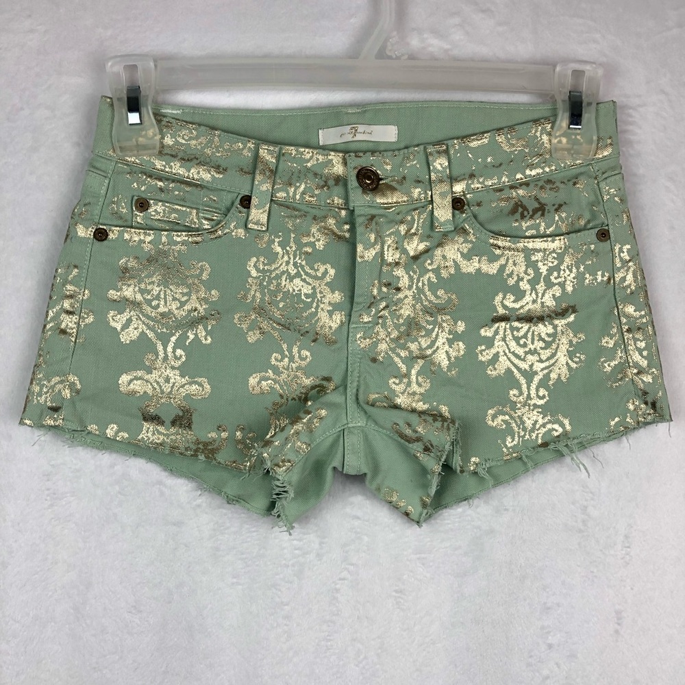 7 For All Mankind Green & Gold Patter Shorts Sz 25